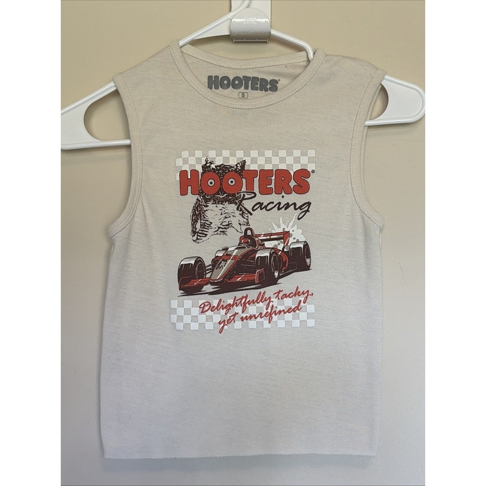 Hooters Restaurant Racing Logo Racecar Beige Tank Top Shirt Womens Small
